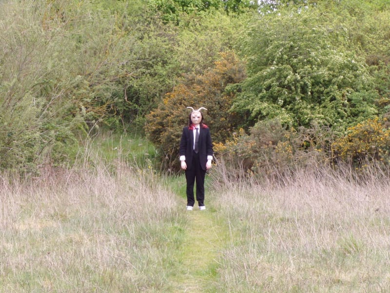 Picture taken of myself wearing a goat mask I had made. I am centred in the picture, wearing a black suit and am standing in the middle of a field.
