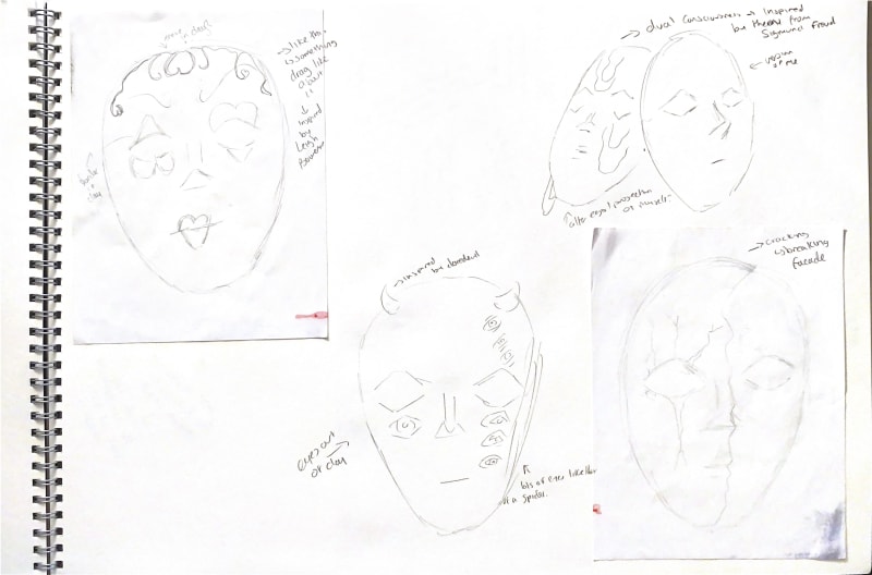 Sketchbook pages detailing designs for the masks.
