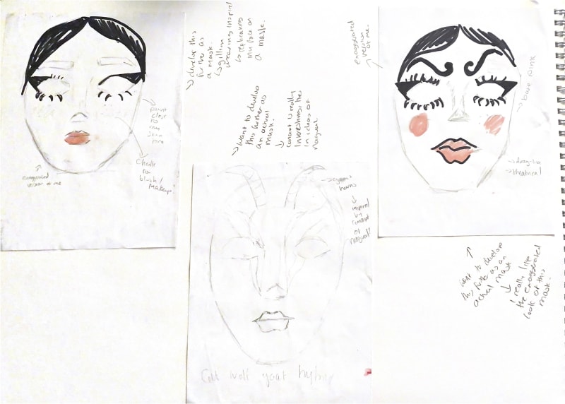 Sketchbook pages detailing designs for the masks.