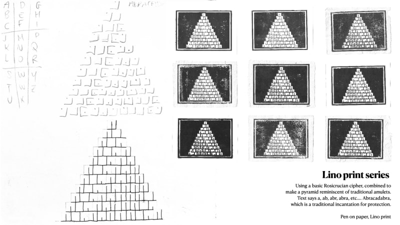 Sketchbook pages and lino prints. The sketchbook shows the same development as before but written into a pyramid. Each lino print features this design