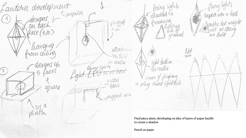 Sketchbook pages showing the installation planning. Different drawings show different ways a light based sculpture could be hung, lit and assembled.