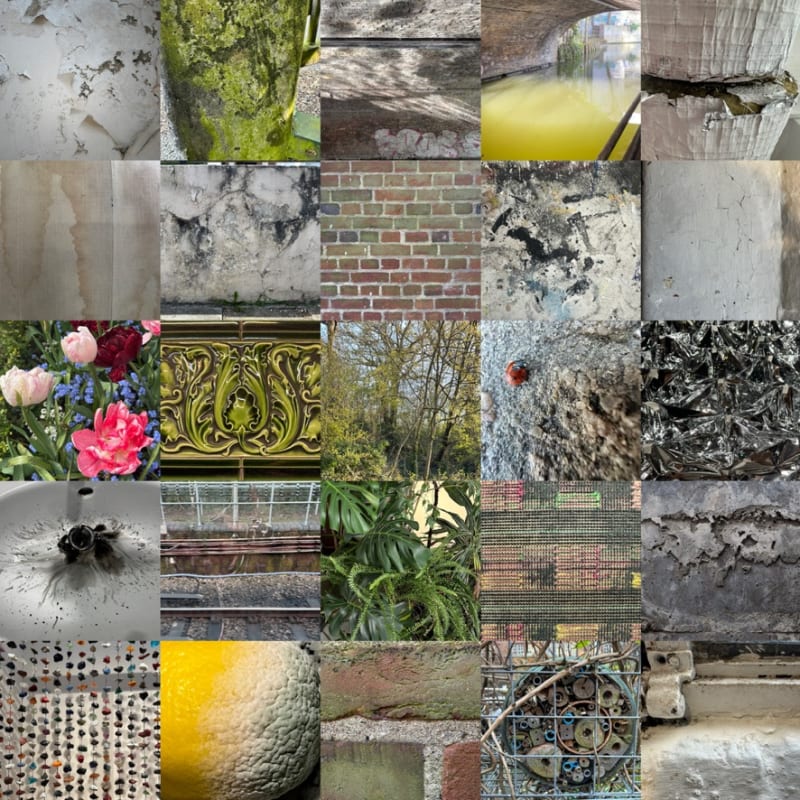 Image grid of 25 close up photographed textures both natural and industrial.