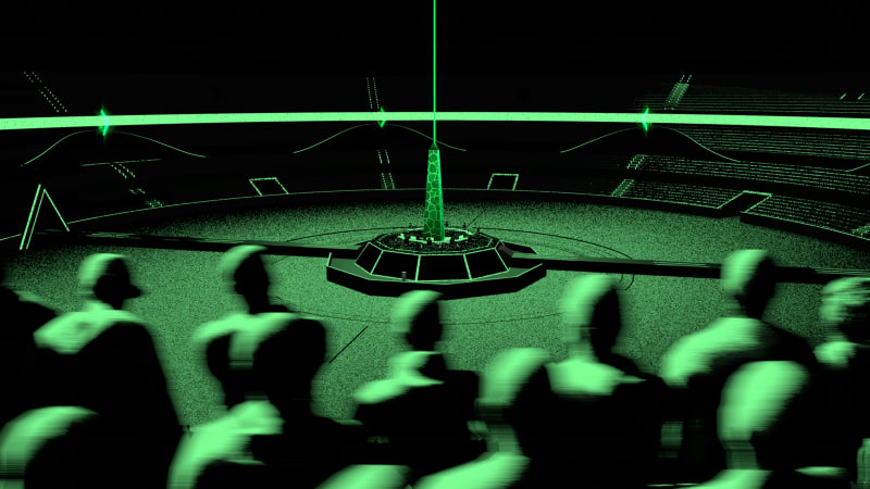 The rendering of the Sphere in a religious-like green environment.