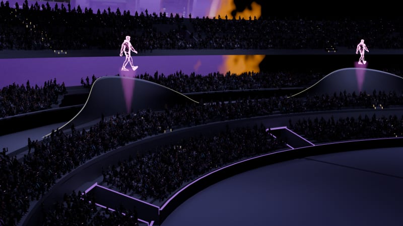 A detailed arena view with purple holographic player projections and a thin LED ribbon screen.