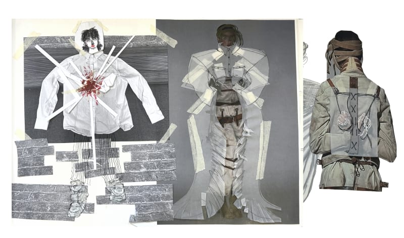 silhouette development for the young bird, referencing white button down and straitjacket as forms of restriction, combining with anatomy of crow wing