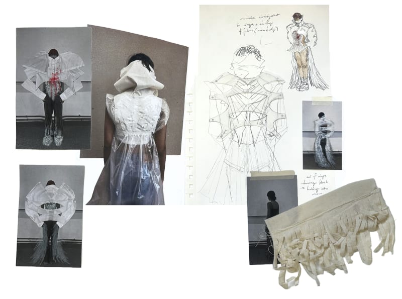 design development of look 2 continued, with initial toile and textile sampling. final design sketch for look 2 included