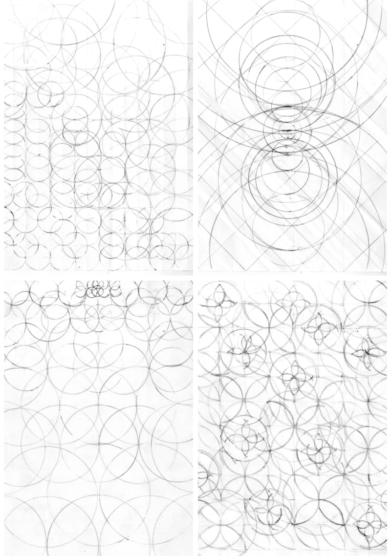 A set of four pencil sketches showing variations of circular pattern arrangements.