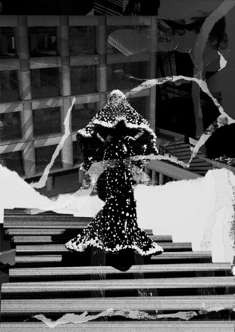 Layered collage background featuring brutalist architecture, with the 3D 'The Woman of the Snow' character.