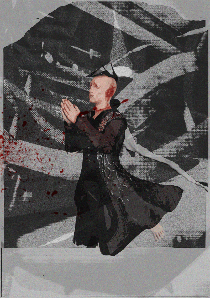 Layered collage background featuring brutalist architecture, with the 3D 'Hoichi the Earless' character.