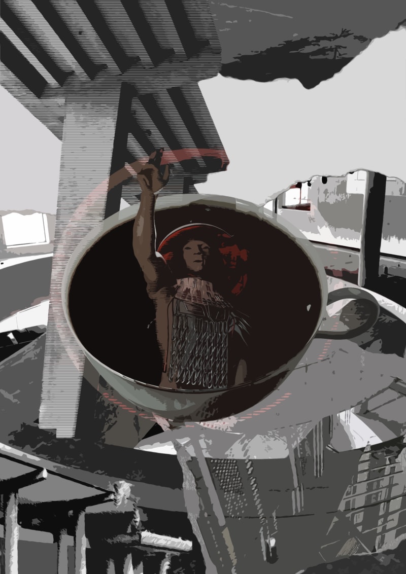 Layered collage background featuring brutalist architecture, with the 3D 'In a Cup of Tea' character.