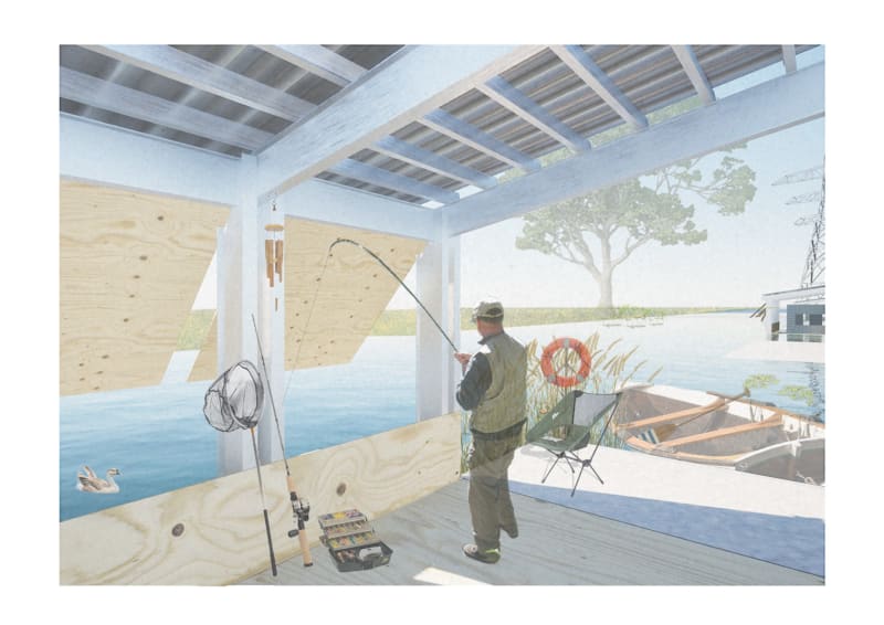Angler’s Fishing Shelter, a overed area along the river where local anglers can fish, dock small boats, and store equipment. Designed as a functional