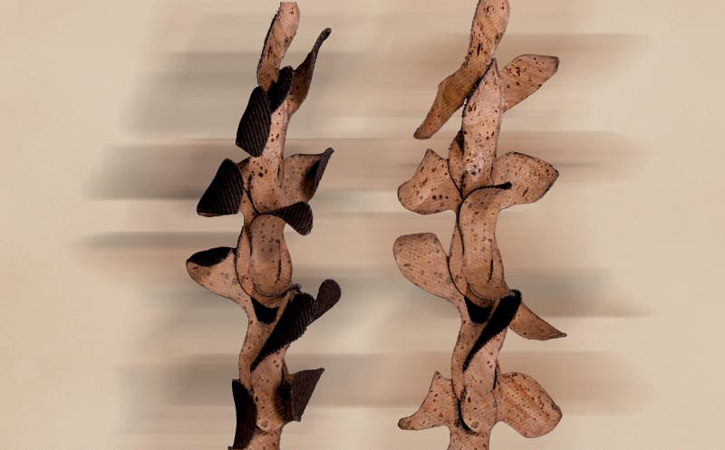 On the picture there are two interlocked cork samples: left side: material curled - normal humidity, right side: material opened - high humidity