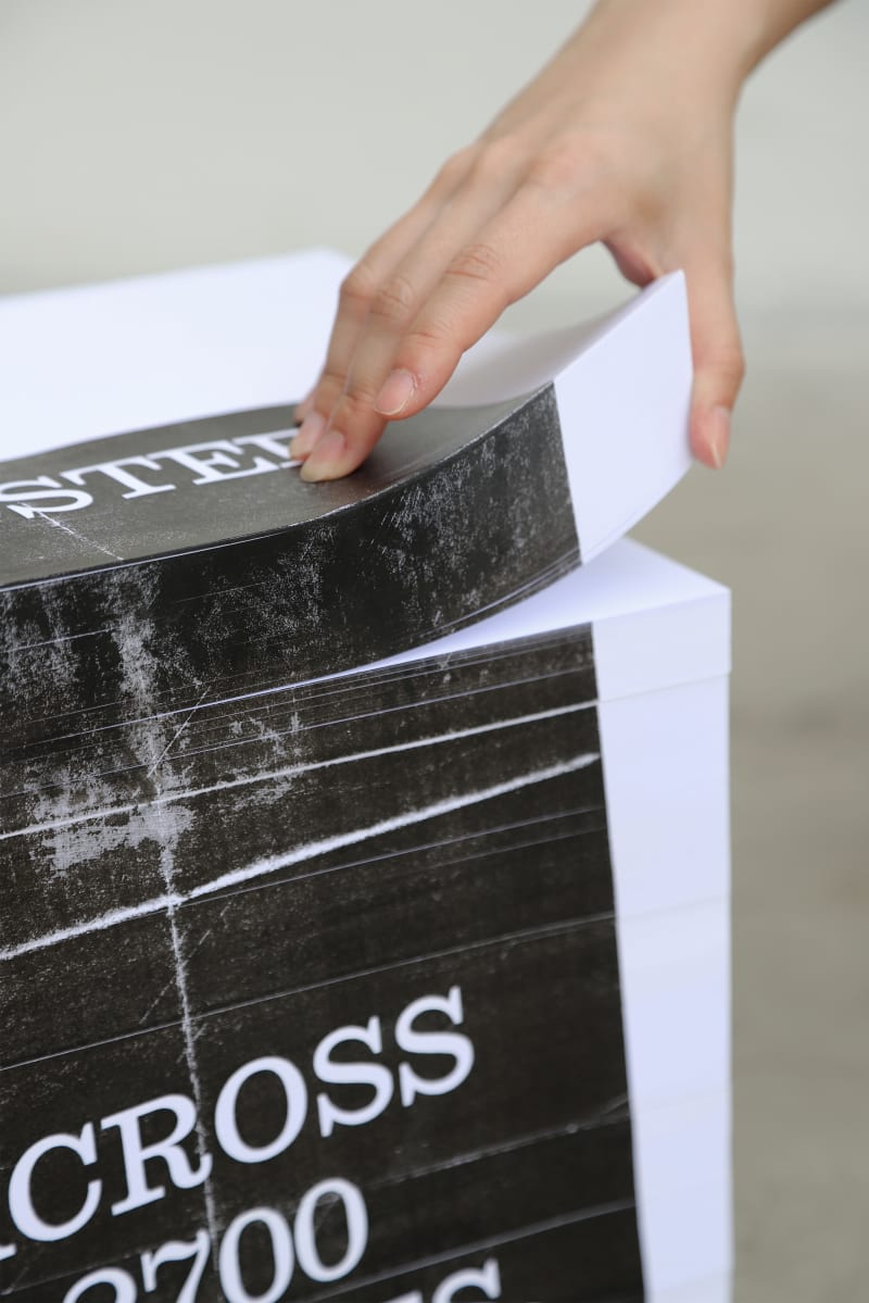 A single image is printed across the edges of 2,700 stacked sheets. As pages are lifted, the poster disappears—hidden within the paper’s thickness.