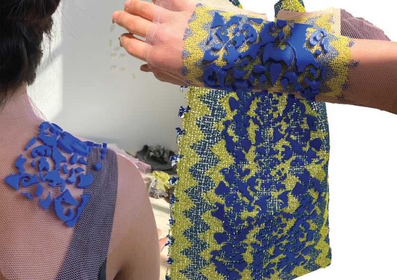 samples of the previous patterns and colours using fabric manipulation techniqes like pleating