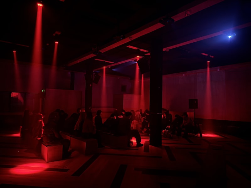 Its an image of the room where the listening session was held. It's a dark and only lit up by red ceiling lights with around 60 people sitting.