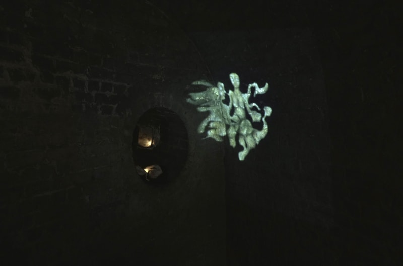 Installation shot from the ‘Walls of Anubis’ exhibition at the Crypt Gallery) Mixed media installation consisting of a rat wax sculpture embedded with
