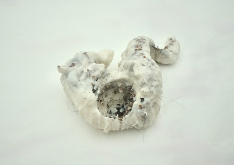 Wax casted candle embedded with domestic debris including collected hair and egg shells, 30 x 22 cm, 2025