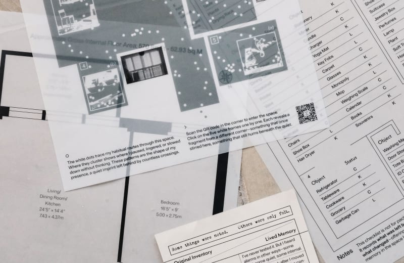 A layered, translucent checklist maps the intangible traces of home—habitual movements, sensory imprints, and overlooked objects.