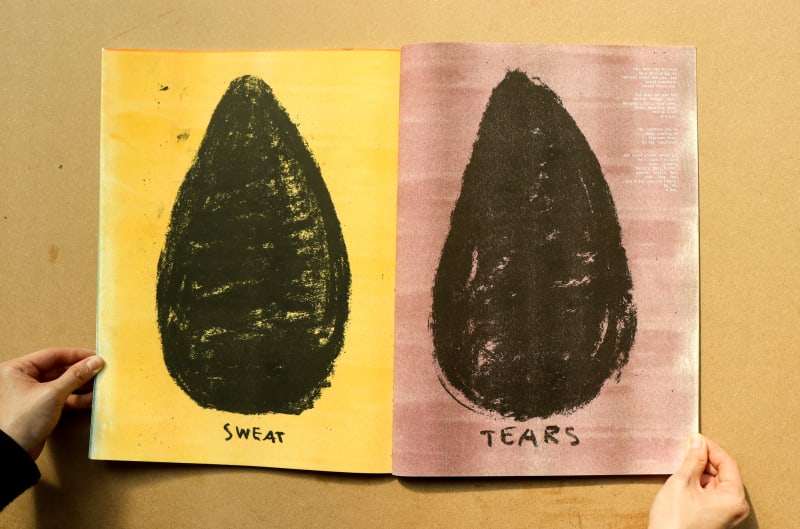 Two pages of teadrops, one reads "Sweat," and the other "Tears"