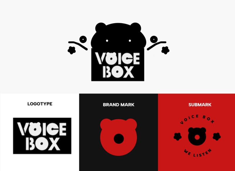 Black bear logo silhouette with a show case of the brand identity VOICE BOX