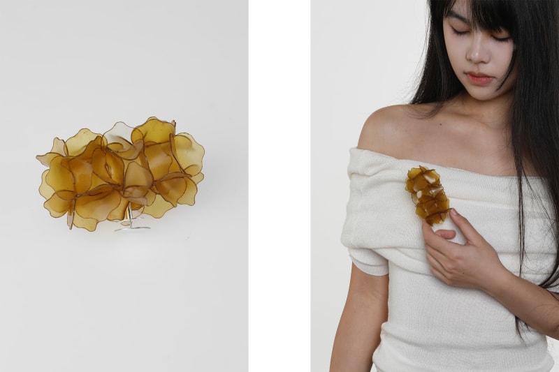 Weld-Dyed Brooch in Translucent Fish Scale Bioplastic