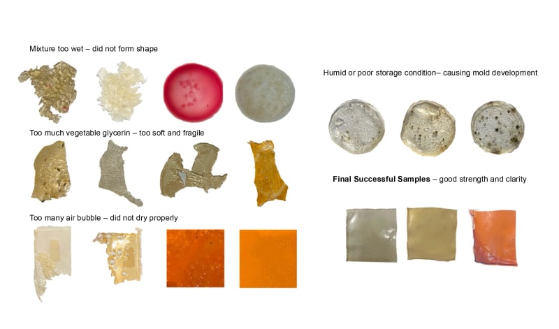 A page of my material test, where I came across numerous failed samples before achieving the right ratio for my fish scale bioplastic mixture.