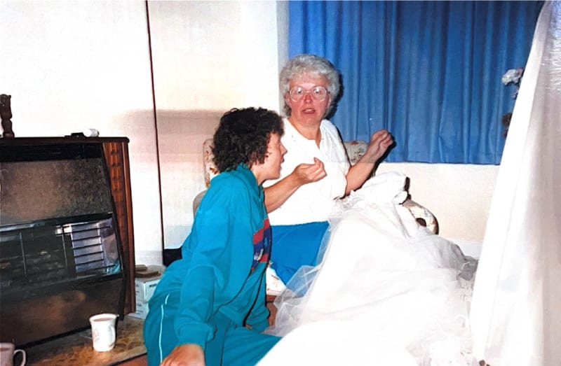 3 photo album images of my own family lineage of seamstresses, my nanny, my auntie and my sister