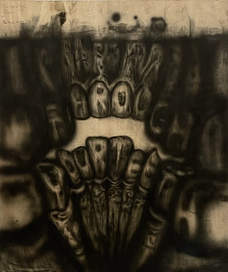 a drawing of teeth on a wooden panel, closer.