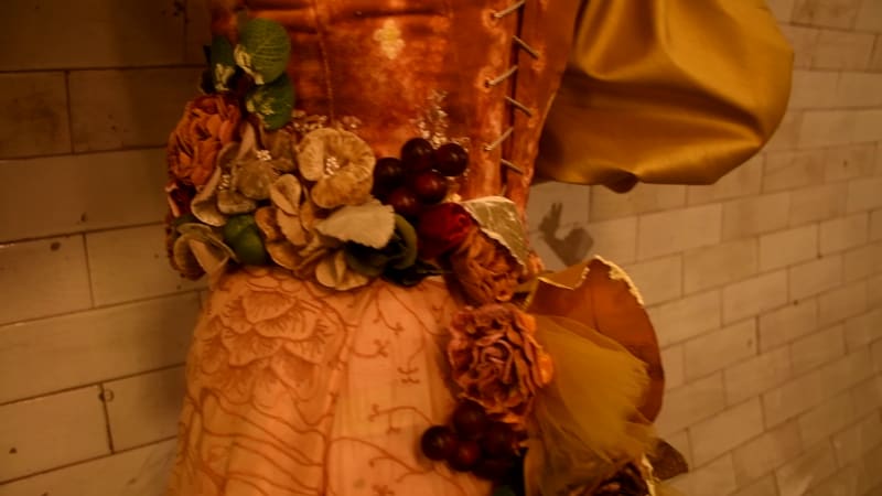 A close up of the floral, hand painted and embroidered details of a Victorian inspired costume