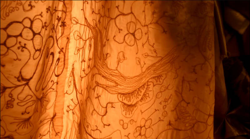 Heavily embroidered panels of yellow chiffon coated in latex with light shining through from behind.