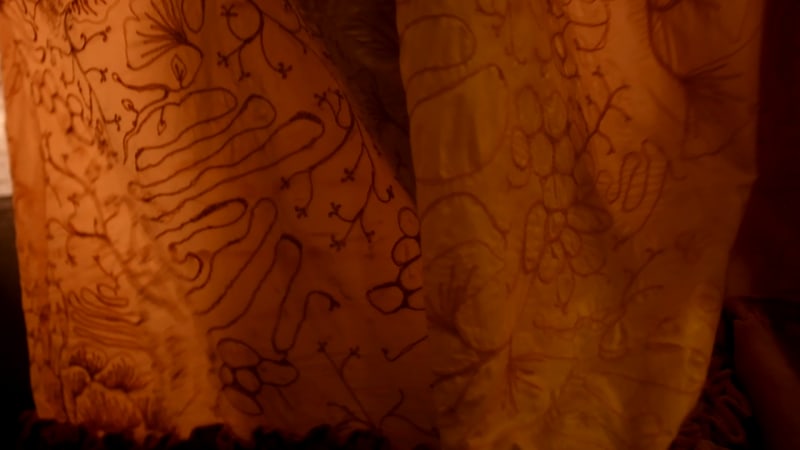 Heavily embroidered panels of yellow chiffon coated in latex with light shining through from behind.