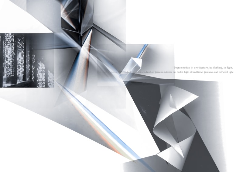 Abstract digital collage mixing Suzhou garden lattice shadows with folded geometric shards and faint prismatic light beams in soft grey tones
