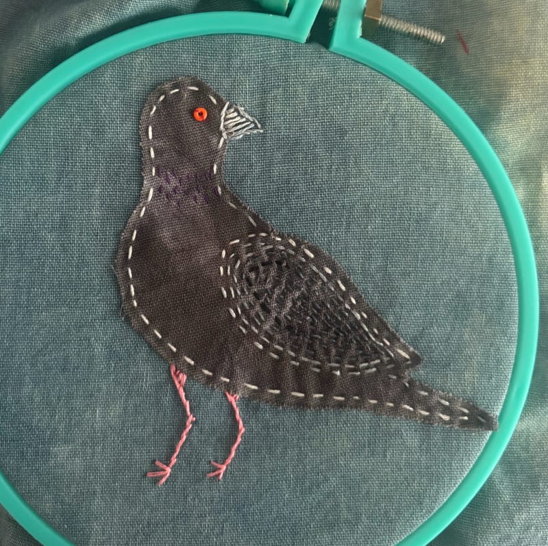 Making of the textile collages; a pigeon