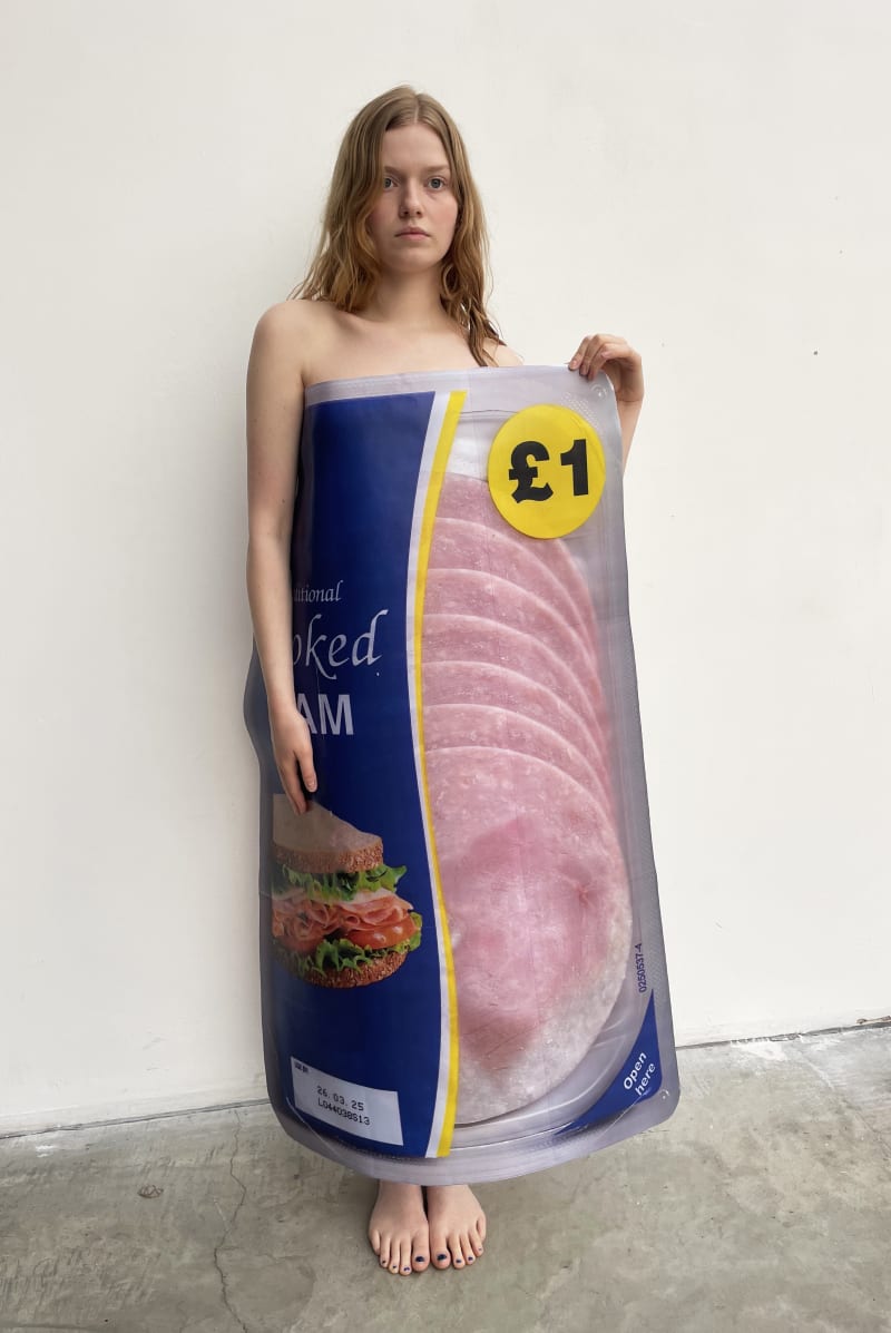 model wearing a packaged ham dress in a studio setting 