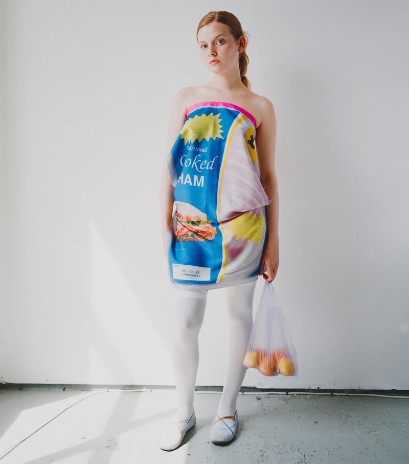 model wearing a packaged ham dress in a studio setting 