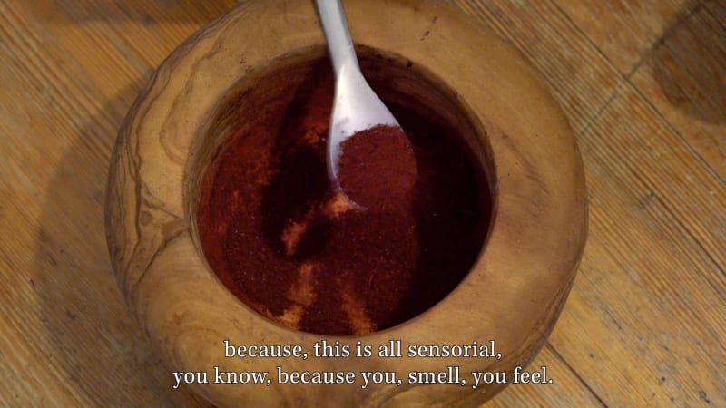 Mariana crushing cochineal - the insect found in Mexico - to create a red powder dye