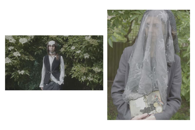 Portrait images of a model wearing a knit bird hat in a garden and a model wearing a knit star veil in a garden, holding a memory box