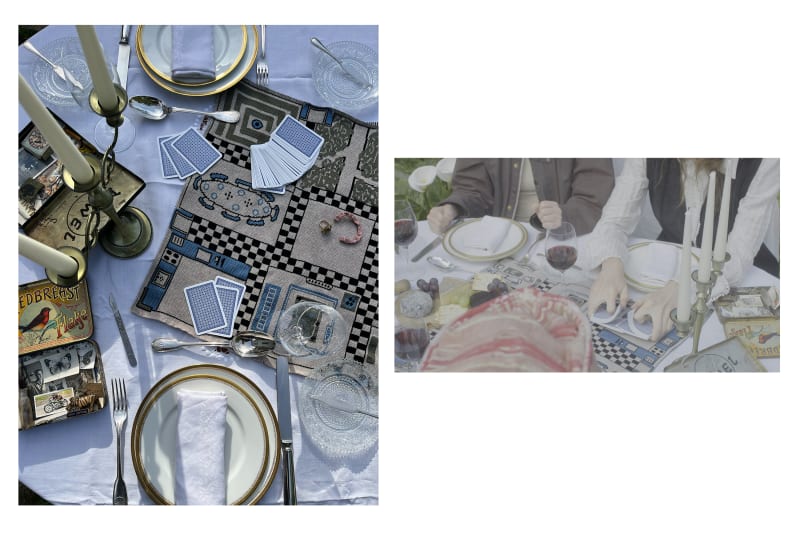 Set images. place settings with a knitted game board and cards. Characters interacting around the table playing a card game and wearing the headpieces