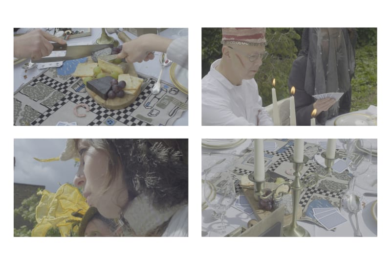 close ups of models wearing headpieces and pictures of the table setting