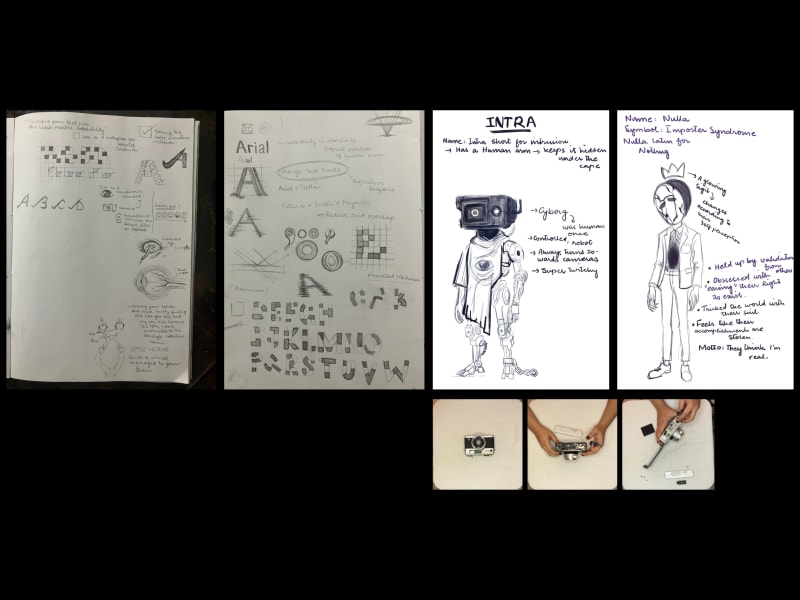 two character designs based on internalized surveillance and sketchbook pages of intial ideation for the typeface