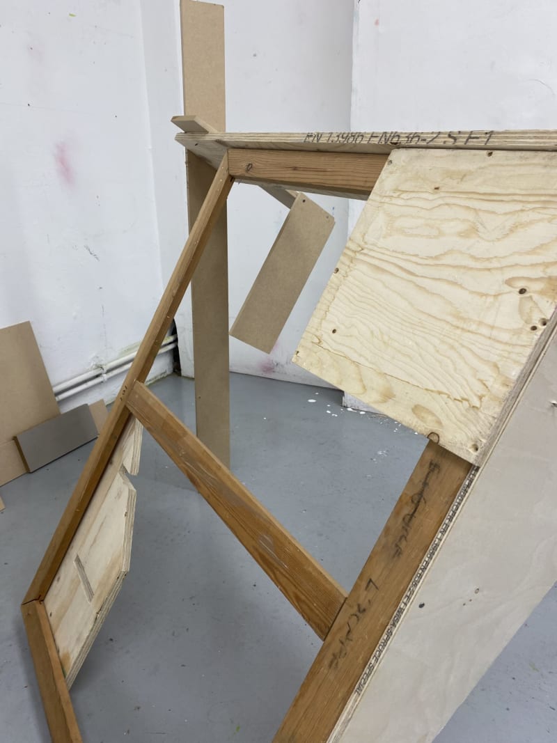 Angular sculpture made of off-cuts of wood