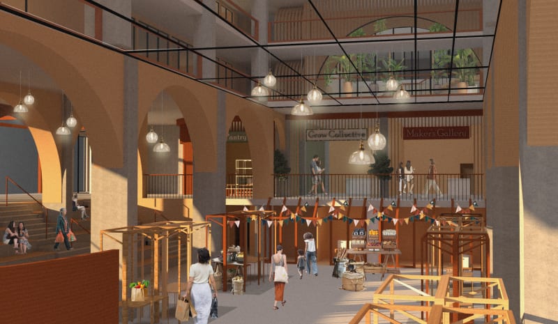 Image shows internal view of the ground floor, which is a communal market with small shop fronts and market stalls. There are public steps to gather.
