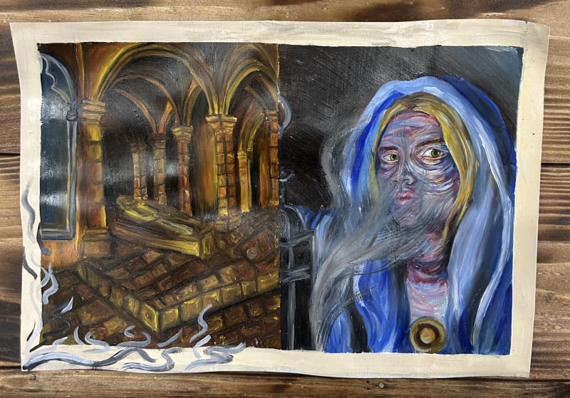 three works each depicting a part of the story, the book cover, Isabella running, having a glimpse into her future 
