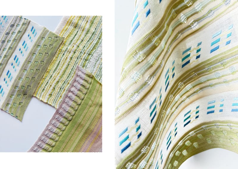 This green collection are mainly for the fashion and I have tried many different techniques like stoll, embroidery and linking and completed knit.