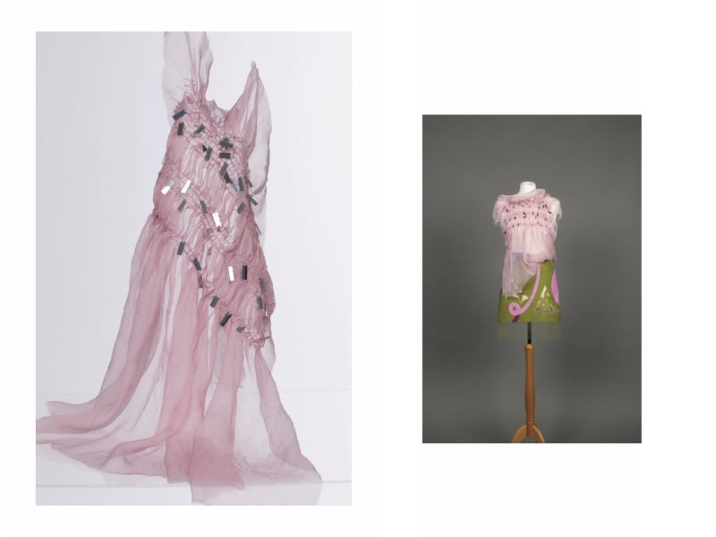 Left: the pink see-through top. Right: The pink top with a green skirt on a mannequin