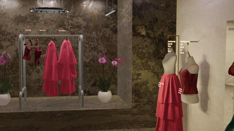 VR experience that shows The Infinity Lounge with Indian garments displayed on mannequins and rails with size and garment information.