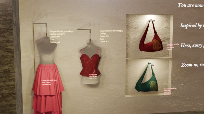 VR experience that shows one side of the room with Indian garments for females, displayed on mannequins and rails with size and garment information.