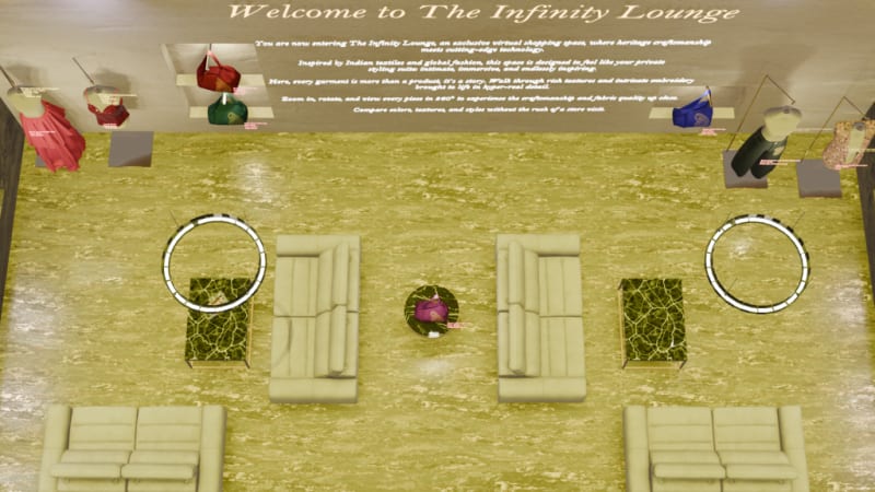 VR experience that shows the Infinity Lounge with Indian garments displayed on mannequins and rails with size and garment information.