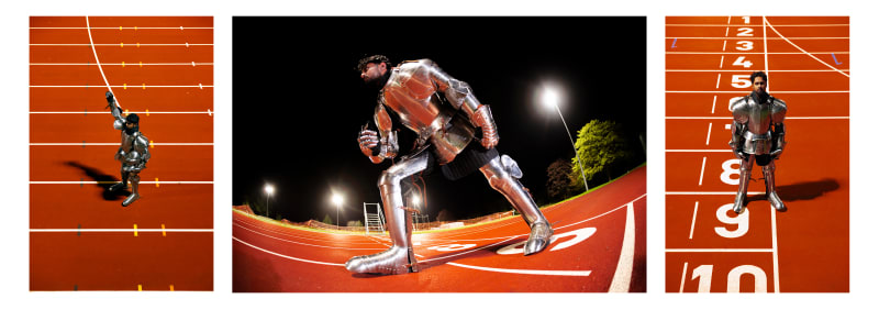 Triptych. A Knight, posed like a runner, stands triumphantly on a bright orange running track