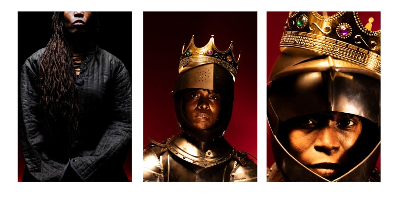 Triptych. Left to right: A woman with braids in a gambeson. A female knight in a gold crown. A Close up of the female knight